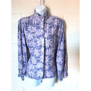 Purple Floral Vintage High Neck Button-Up Blouse